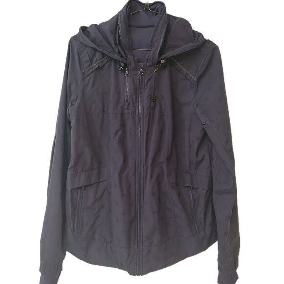 Lululemon Hooded Windbreaker Light Active Navy Blue Dot Print Women Sz 6 Jacket - Picture 2 of 12